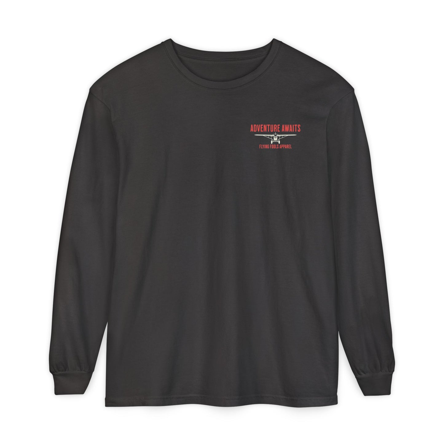 Adventure Long Sleeve Tee — “The Skies Are Calling” Mountain & Plane Graphic