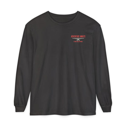 Adventure Long Sleeve Tee — “The Skies Are Calling” Mountain & Plane Graphic