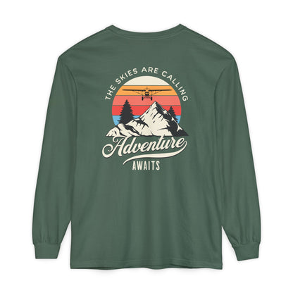 Adventure Long Sleeve Tee — “The Skies Are Calling” Mountain & Plane Graphic