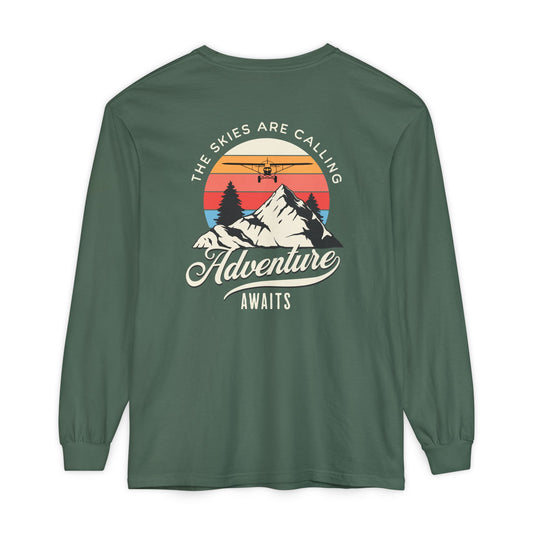 Adventure Long Sleeve Tee — “The Skies Are Calling” Mountain & Plane Graphic
