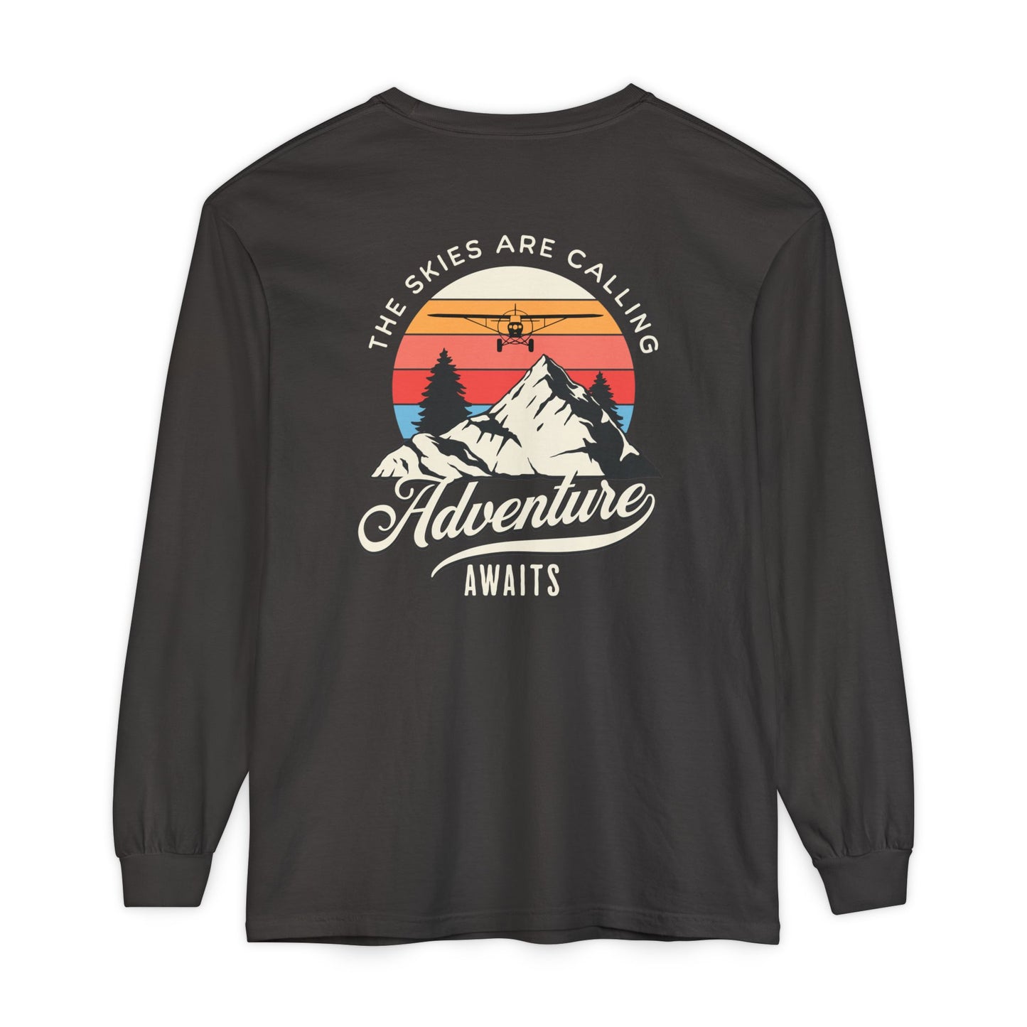 Adventure Long Sleeve Tee — “The Skies Are Calling” Mountain & Plane Graphic