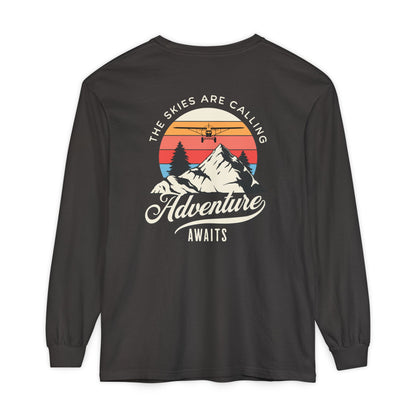 Adventure Long Sleeve Tee — “The Skies Are Calling” Mountain & Plane Graphic