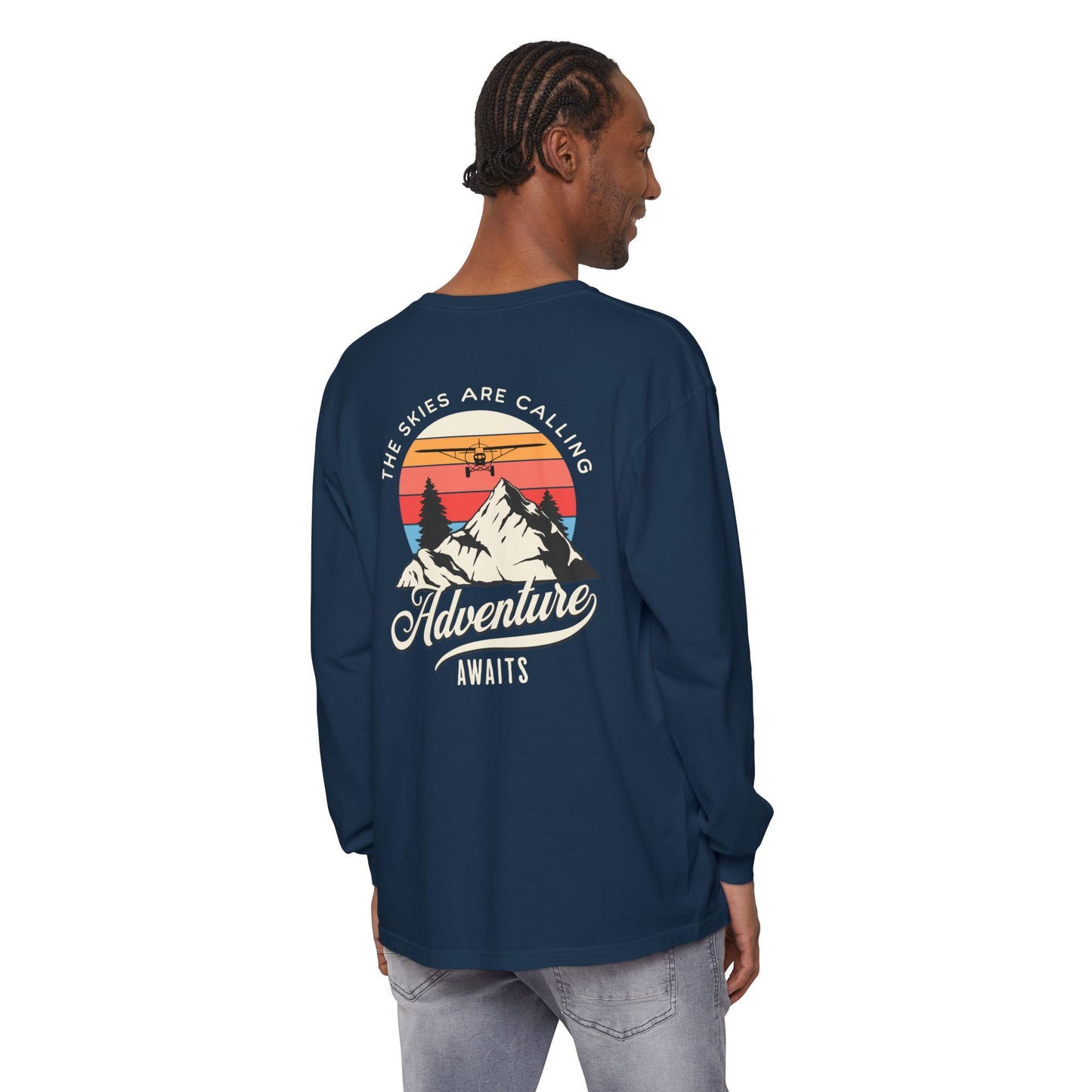Adventure Long Sleeve Tee — “The Skies Are Calling” Mountain & Plane Graphic