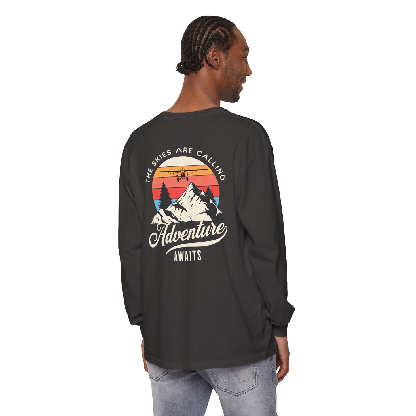 Adventure Long Sleeve Tee — “The Skies Are Calling” Mountain & Plane Graphic