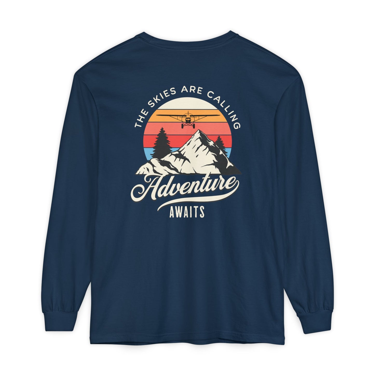 Adventure Long Sleeve Tee — “The Skies Are Calling” Mountain & Plane Graphic
