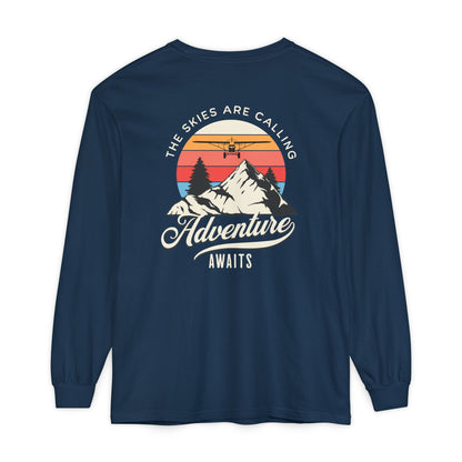 Adventure Long Sleeve Tee — “The Skies Are Calling” Mountain & Plane Graphic