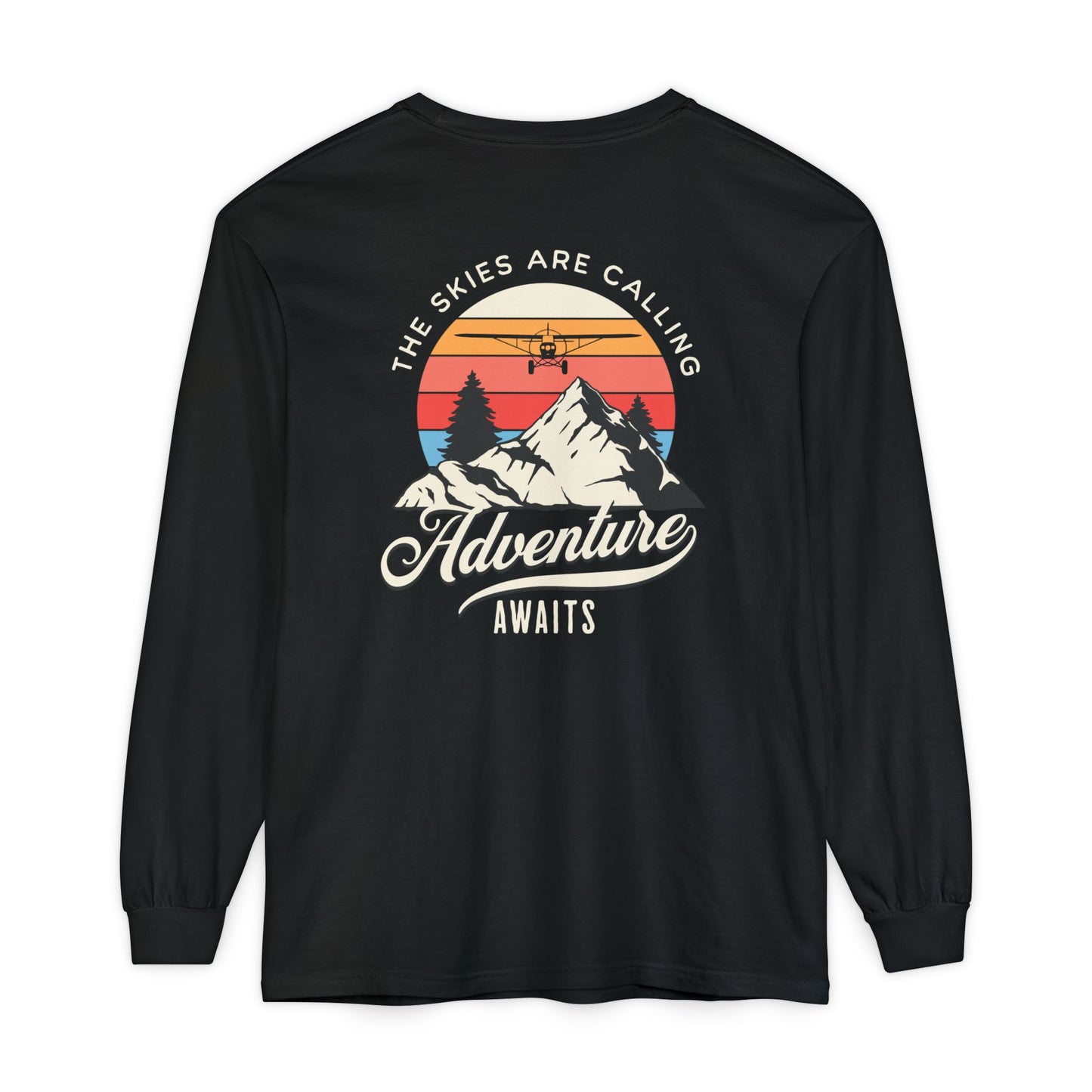 Adventure Long Sleeve Tee — “The Skies Are Calling” Mountain & Plane Graphic