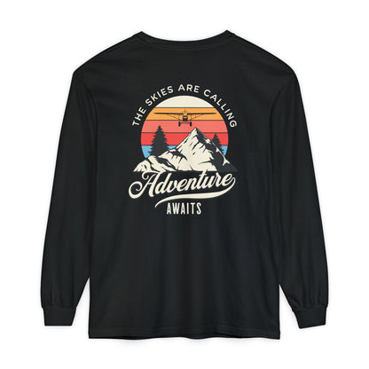 Adventure Long Sleeve Tee — “The Skies Are Calling” Mountain & Plane Graphic