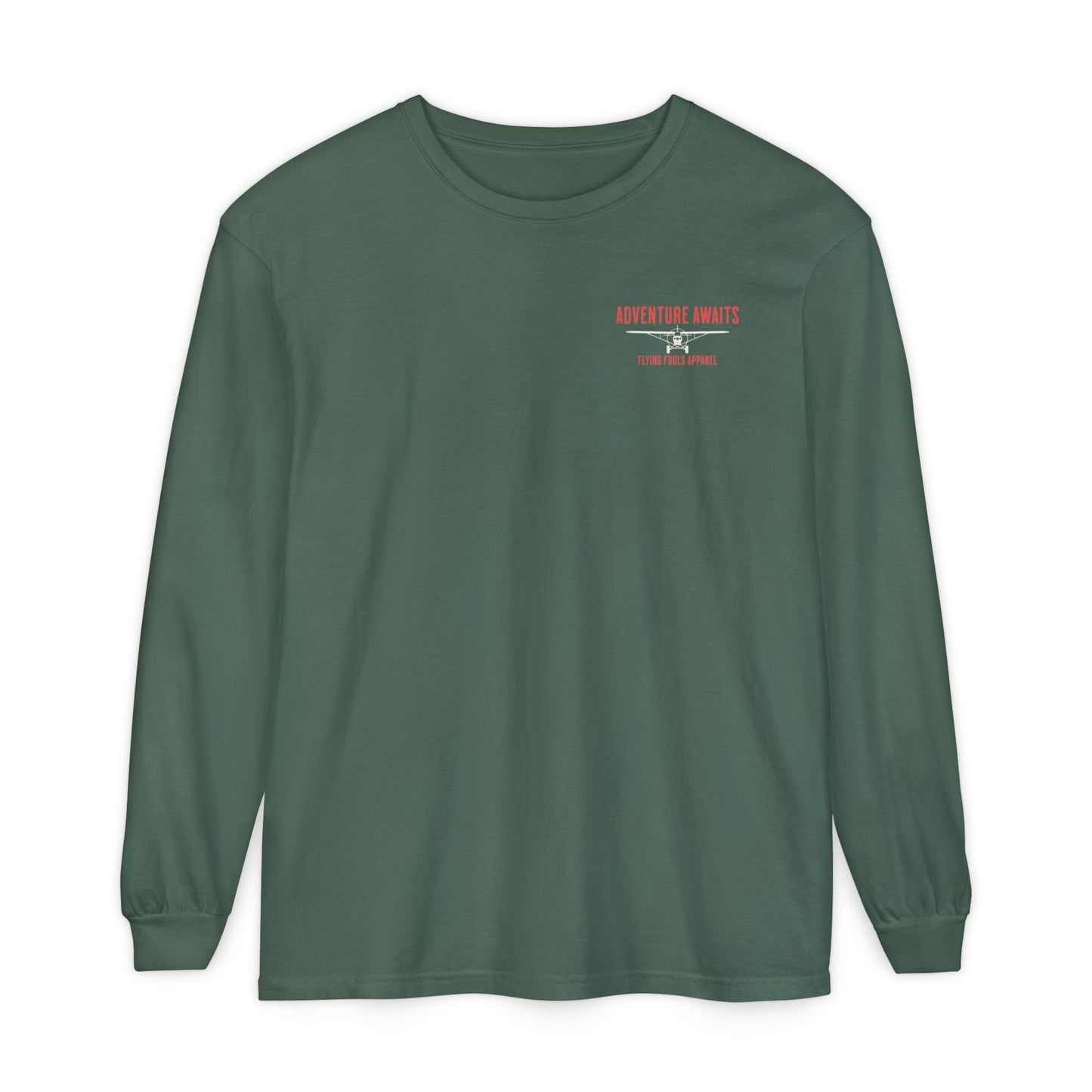 Adventure Long Sleeve Tee — “The Skies Are Calling” Mountain & Plane Graphic