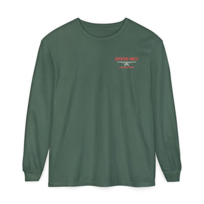 Adventure Long Sleeve Tee — “The Skies Are Calling” Mountain & Plane Graphic