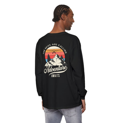 Adventure Long Sleeve Tee — “The Skies Are Calling” Mountain & Plane Graphic
