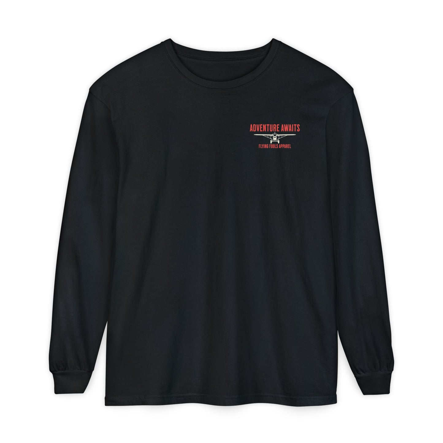 Adventure Long Sleeve Tee — “The Skies Are Calling” Mountain & Plane Graphic